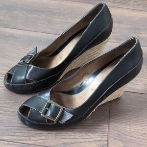 Leather Peep-Toe Wedge Heels with Buckle